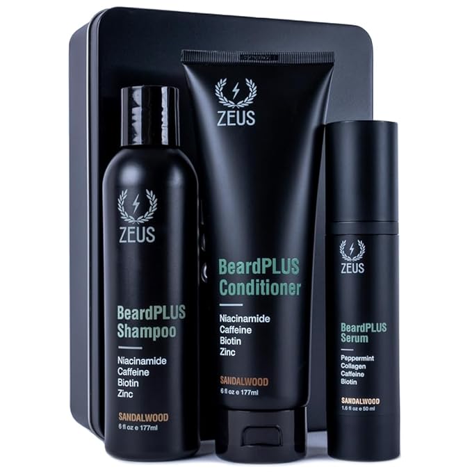 ZEUS BeardPLUS Essential Beard Growth Set for Men, Hair Growth Treatment, Shampoo, Conditioner & Serum for Thicker & Stronger Facial Hair with Biotin & Caffeine (Made in USA) 3-Piece Set