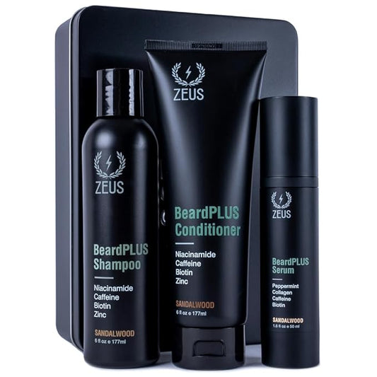 ZEUS BeardPLUS Essential Beard Growth Set for Men, Hair Growth Treatment, Shampoo, Conditioner & Serum for Thicker & Stronger Facial Hair with Biotin & Caffeine (Made in USA) 3-Piece Set