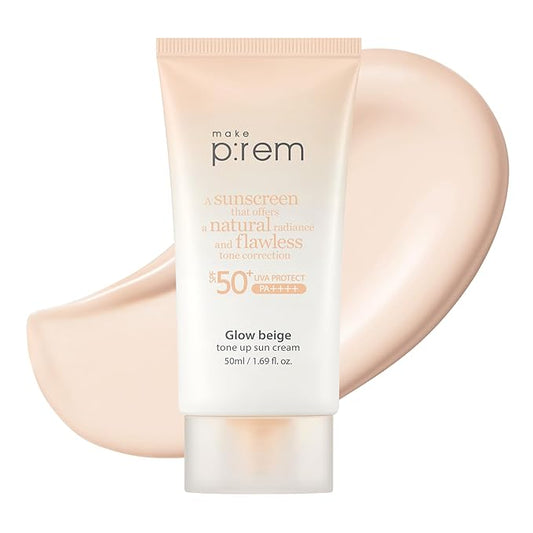 MAKE P:REM Glow Beige Tone Up Sunscreen, Foundation-Free Mineral Sun Care, Skin Tone Correction, Lightweight, Korean Sunscreen, Korean Skin Care, SPF 50, 1.69 Fl. Oz. 50ml