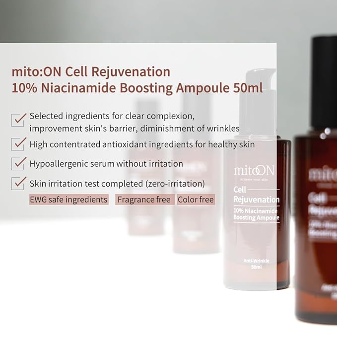 Mito-on Cell Rejuvenation Anti-Aging Serum, 50ml / 1.69 fl.oz –10% Niacinamide, Vitamin B3 and Antioxidants, Centella + EGF for Anti-Aging, Wrinkle Reduction, Pore minimization, Korean Skin Care