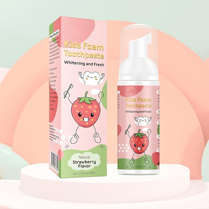 Foam Toothpaste Kids 2PCS, Toddler Toothpaste Cavity Protection, Clean and Whitening, 360ºCare, Portable, Kids Foam Toothpaste with Fluoride for Electric & U-Shape Toothbrushes（Strawberry）