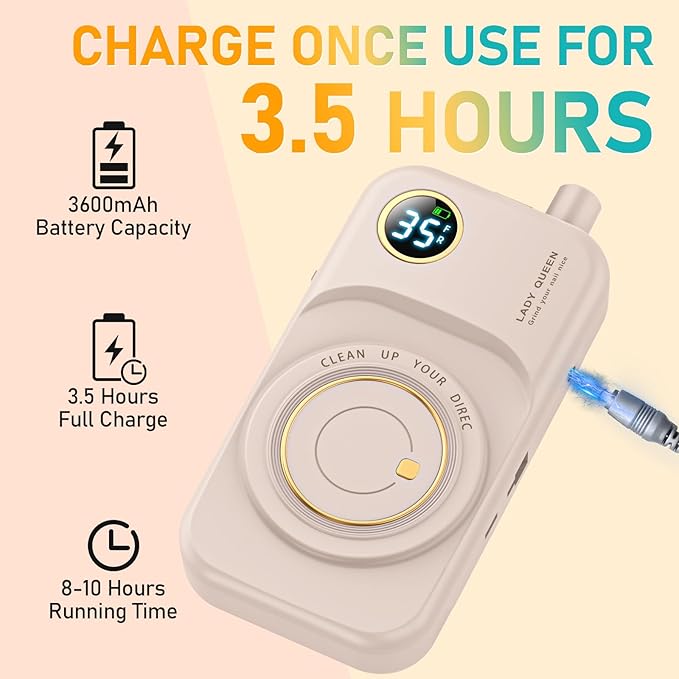 Portable Nail Drill Electric File: 35000RPM Professional Rechargeable Nail E File Machine,for Acrylic Nails Gel Polishing Removing, Cordless Efile with Bits Kit for Manicure Salon Home (Pink)