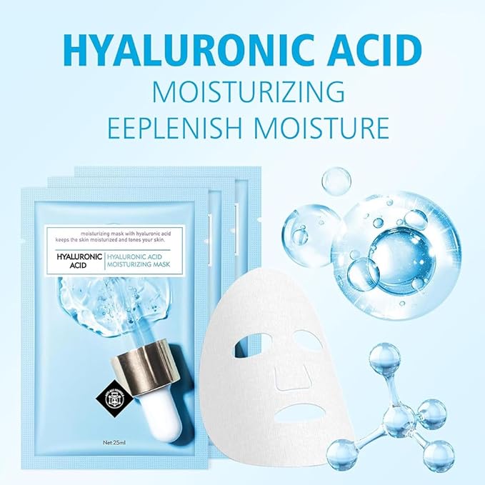 10 Sheets Face Mask Skincare Hyaluronic Acid Face Masks, Hydrating Face Masks Skin Care, Deeping Moisturizing Facial Masks for All Skys Types, Smoothing Party Spa Gift for Women
