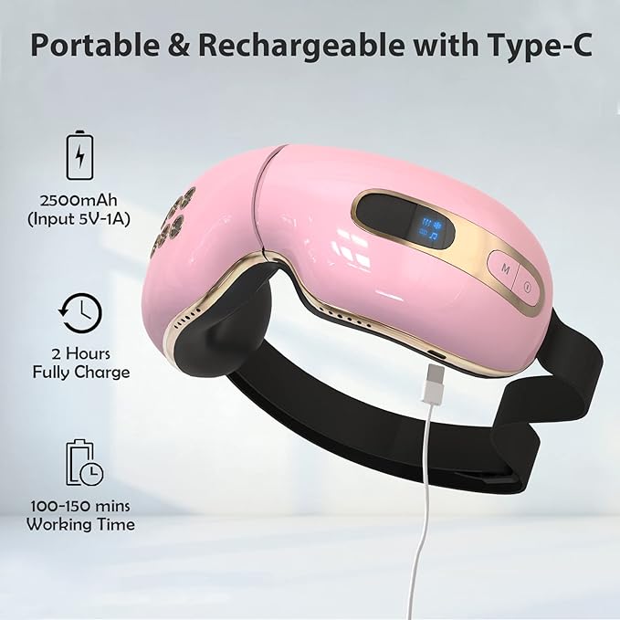 Eye Massager with Heat and Cooling for Migraines, Dry Eyes, Dark Circles, Rechargeable Heated Eye Mask Massager Improve Sleeping - Gifts for Women and Men (Pink)