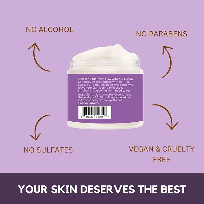 Sea Salt Body Scrub by Florida Suncare - Ocean Salt Body Polish Infused with Marine Algae - Exfoliating Face and Body Scrub, Facial Scrub Exfoliator to Tackle Acne, Scars (Plum & Vanilla Woods 12.1oz)