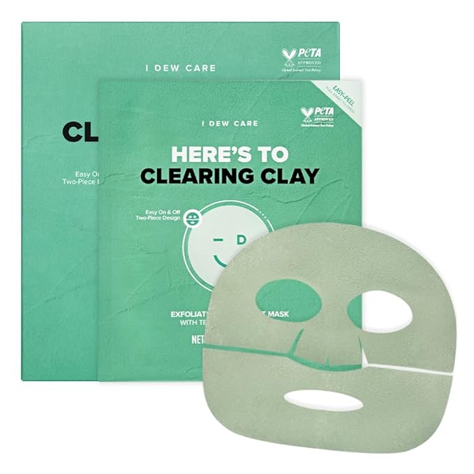 I DEW CARE Tea Tree Sheet Face Mask - Korean Skincare for Clearing and Calming Skin | Face Masks with 3-Clay Complex & Centella Asiatica, Hydrating Facial masks skincare, Sheet Mask for Women, 4EA