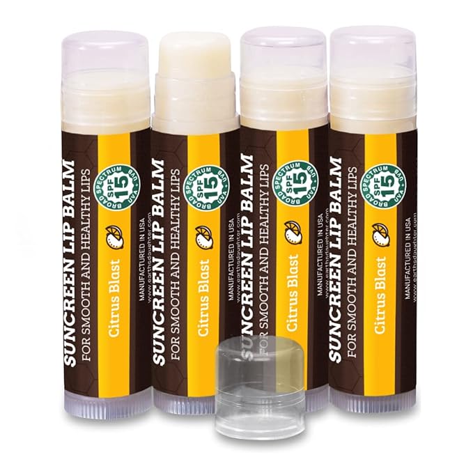 SPF Lip Balm 4-Pack by Earth's Daughter - Lip Sunscreen, SPF 15, Organic Ingredients, Citrus Flavor, Beeswax, Coconut Oil, Vitamin E - Hypoallergenic, Paraben Free, Gluten Free