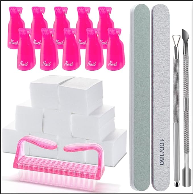 Gel Nail Polish Remover Tools Kit, with 10 Pcs Nail Clips, 400 Pcs Lint Free Nail Wipes, Nail Files 100/180, Buffer Block 400/4000, Nail Brush, Cuticle Pusher, Cuticle Peeler (Rose Red)