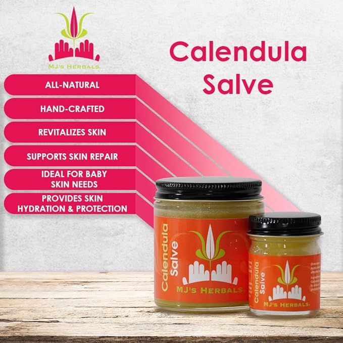 MJ's Herbals Calendula Salve - Skin Soothing Balm, Eczema Cream, Diaper Rash, Scars, Bug Bites, Made w/Calendula Blossoms & Propolis Beeswax (1 oz)