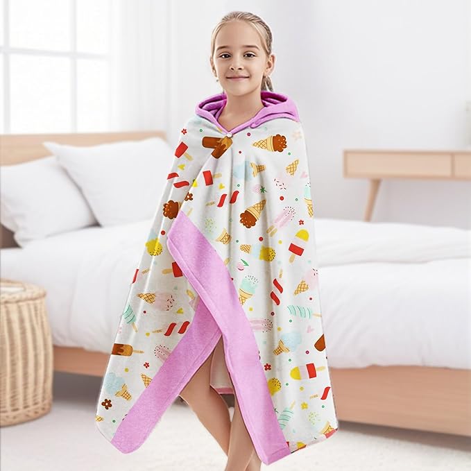 Ice Cream Hooded Beach Towel for Girls, 35" x 60" Kids Poncho Bath Towel for Toddler, Pink &White Soft Absorbent with Hood for 3-10 Years Bathrobe for Swimming Pool Bath