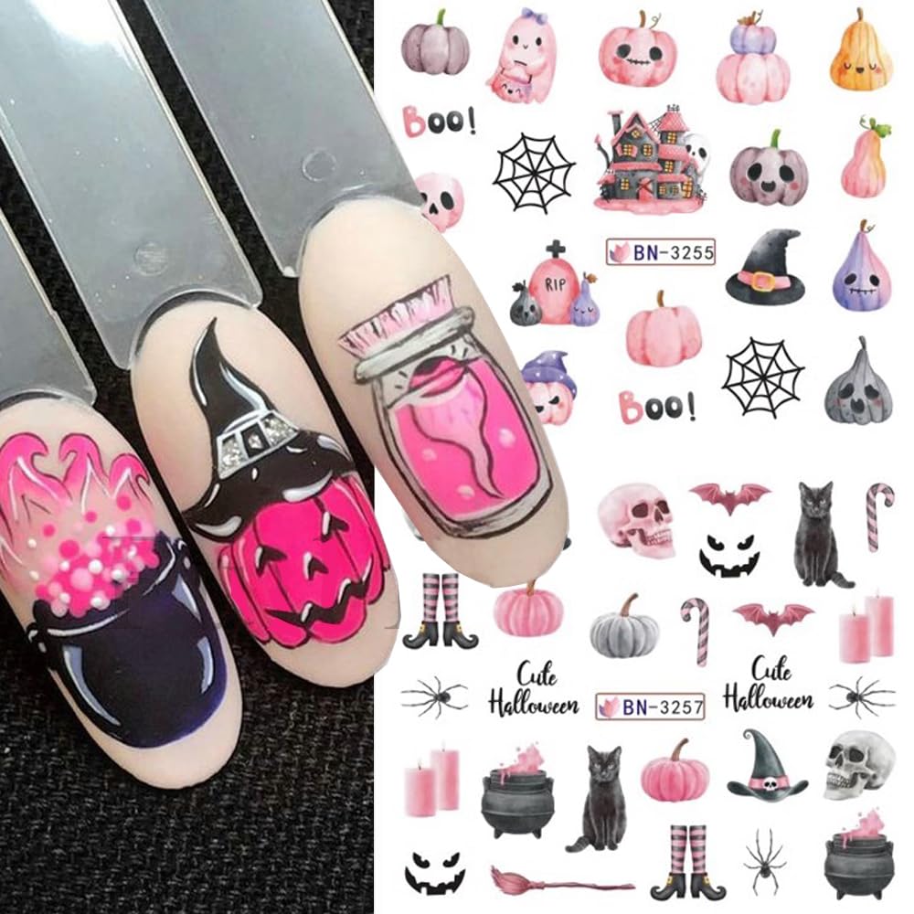 12 Sheets Halloween Nail Art Stickers Pink Pumpkin Water Transfer Nail Decals Cute Ghost Spider Skeleton Acrylic Nail Stickers for Women DIY Manicure Tips Halloween Nail Art Decorations Supplies