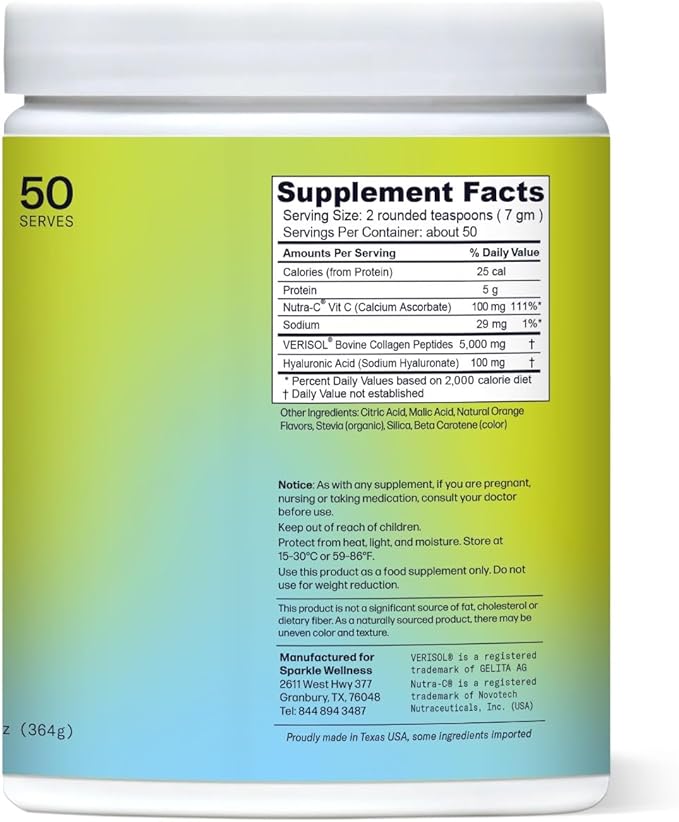 Sparkle Wellness VERISOL Bioactive Hydrolyzed Collagen Peptides | Collagen Powder Supplement with Vitamin C & Hyaluronic Acid for Hair, Skin, and Nail Health | Skin Boost Plus (Orange) [50-Serves]