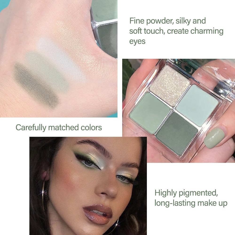 Light Green 4Colors Eyeshadow Makeup Palette,Mint Green Natural Neutral Powde Eye Shadow Palettes for Older Women,Long Lasting Naturing-Looking,Lightweight,Waterproof,Eye Makeup Kit Travel Size,Vegan