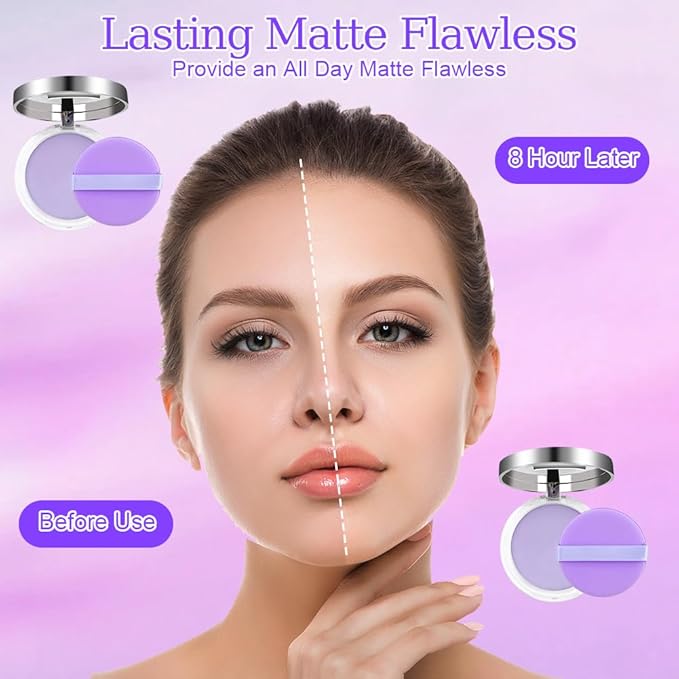 2PCS Oil Control Face Pressed Powder，zxbaers Chillab Lavender Matte Powder，Matte Smooth Setting Powder Makeup, Waterproof Long Lasting Finishing Powder, Flawless Lightweight Face Cosmetics