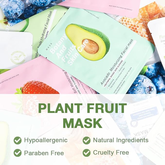 Kaely 12 Pack Avocado Face Masks for Kids, Kids Face Mask Spa Day Kit Supplies, Spa Party Favors for Teens Girls Women, Sheet Facial Mask Skincare Gifts Set, Hydrating Nourish for All Skin Types, 09