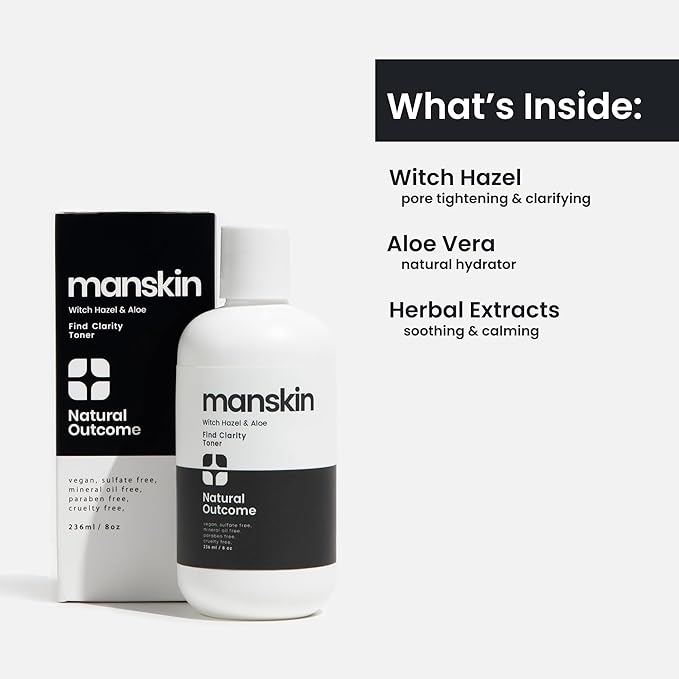 Man Skin Face Toner | Natural Daily Toner Enhances Men Facial Complexion | Pore Cleansing Facial Astringent with Witch Hazel & Aloe Vera for All Skin Types | 8 Oz