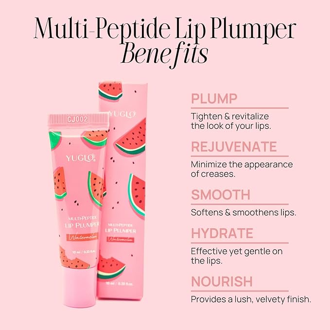 YUGLO Lip Plumping Gloss with Multi-Peptides | Watermelon Flavor | Hydrating & Nourishing Lip Gloss Treatment for Smooth, Youthful Lips | High-Shine Lip Plumper
