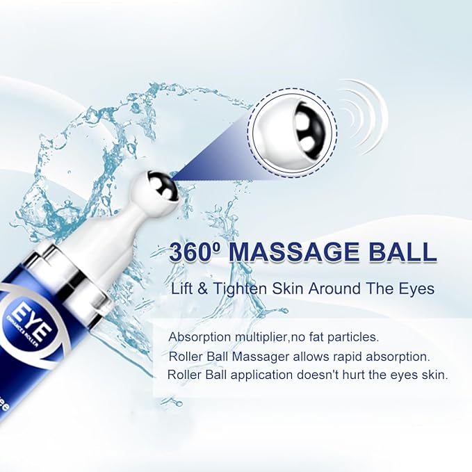 Caffeine Eye Serum,Under Eye Roller Serum with 360° Massage Ball,Eye Contour Cream for Dark Circles and Puffiness Wrinkles Fine Lines