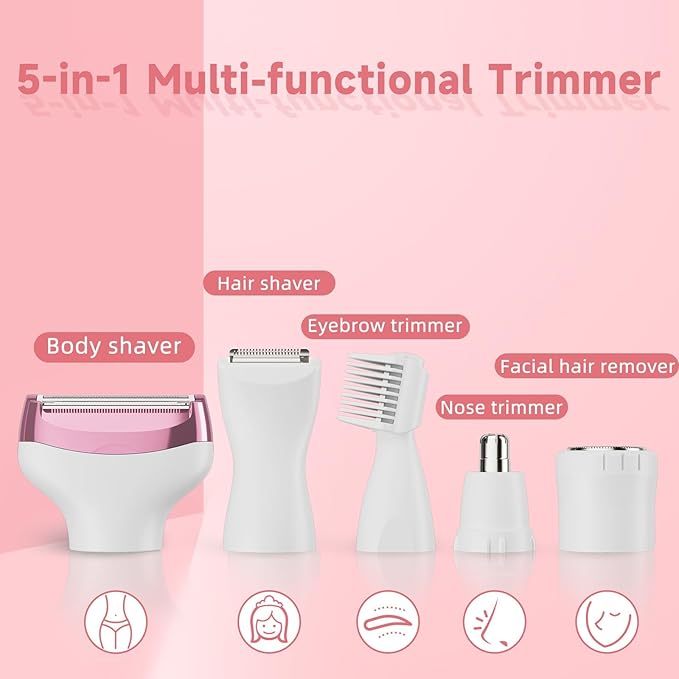 RUIM Bikini Trimmer for Women, 5 in 1 Electric Razors for Shaving, Waterproof Rechargeable Pubic Hair Trimmer with LED Display, Pink