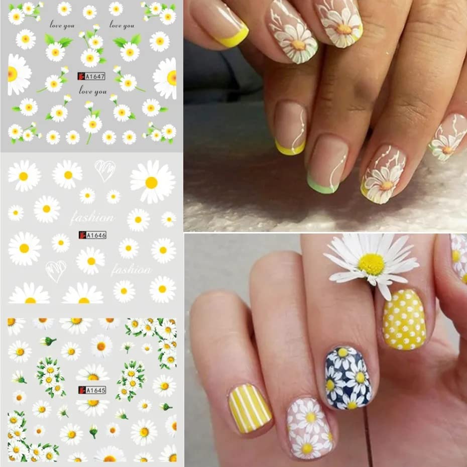 Daisy Nail Art Stickers Decals, 12 Sheets Flower Designs Water Transfer Nails Foils Spring Summer Daisy Nail Art Supplies Watermark Slider Nail Stickers Manicure DIY Decorations for Women