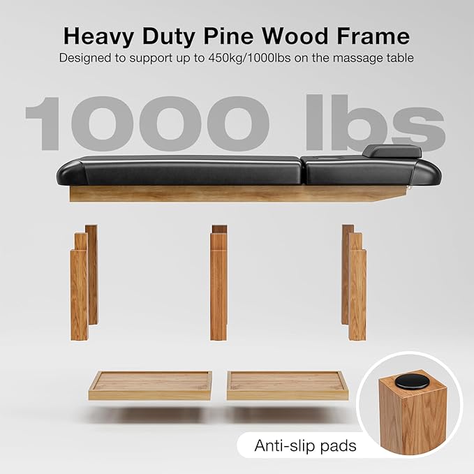 SyyBhb Professional Stationary Wooden Massage Table with Storage, Heavy Duty Spa Bed for Treatment Exam Physical Therapy Tattoo Facial Wax, Weight up to 1000lbs