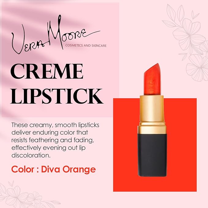 Vera Moore Cosmetics Soft Creme Lipstick - with Maximum Hydration & Moisture, Long Lasting Light Weight Opaque Color & Staying Power - Won't Feather or Fade - Fragrance & Paraben Free (Diva Orange)