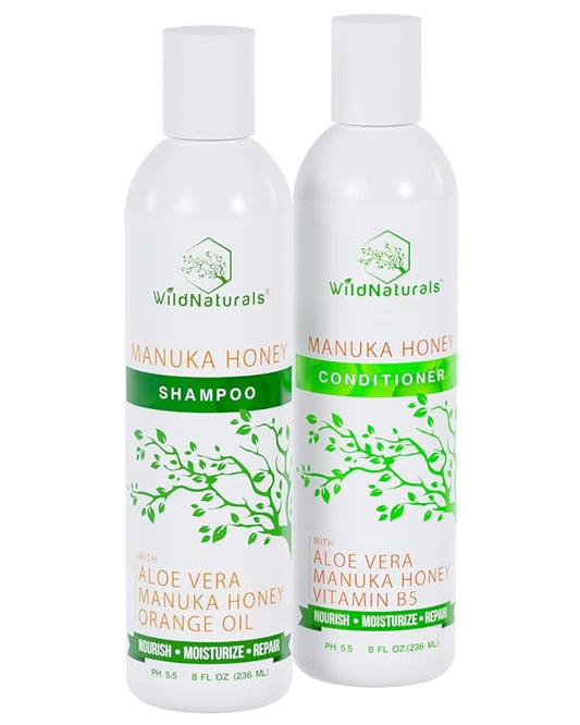 Manuka Honey Shampoo and Conditioner - Soothing Moisturizing Formula for Eczema, Psoriasis, Curly Hair and Color-Safe - All Natural Set