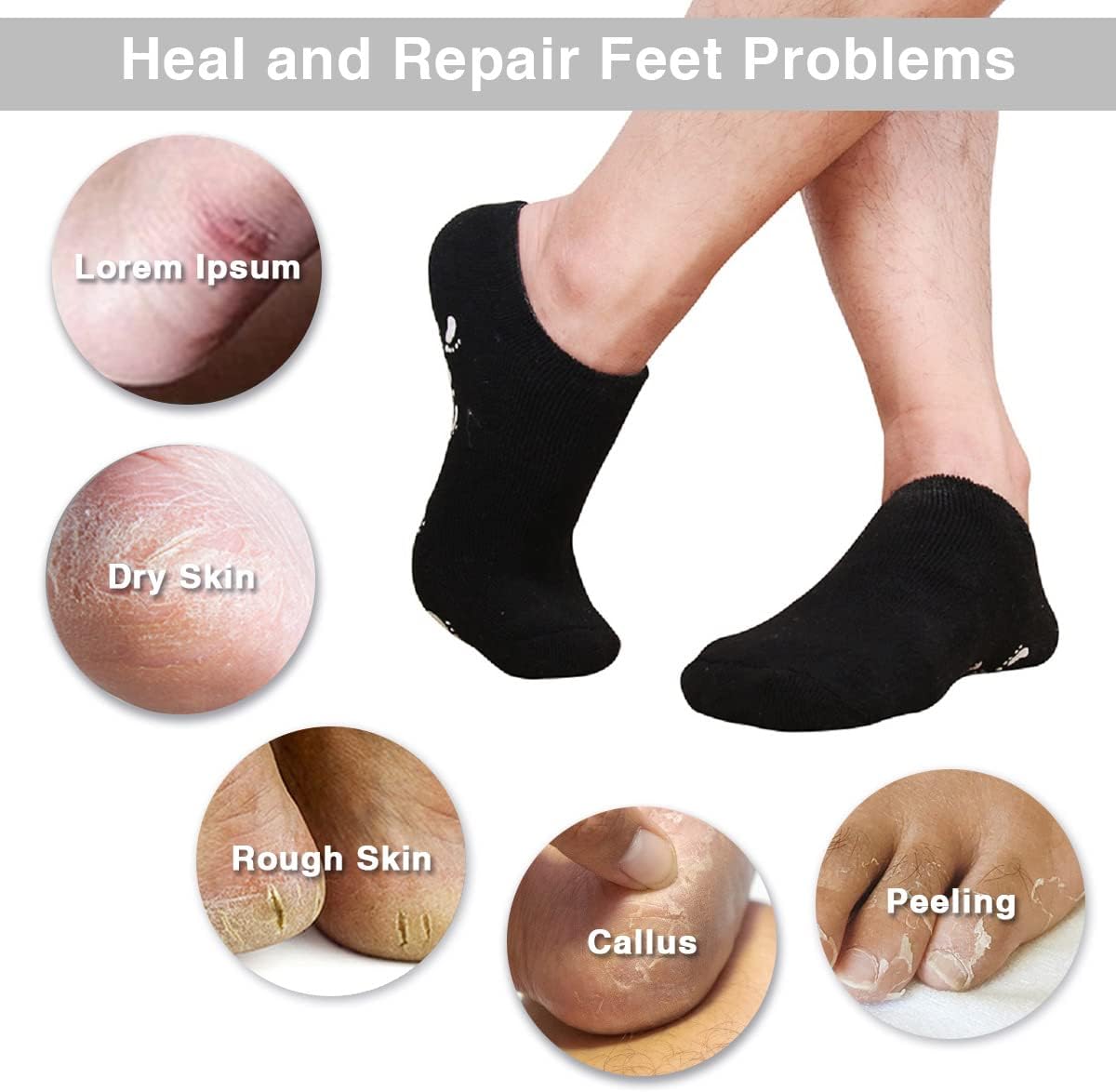 Codream Large Men's Moisturizing Gel Socks Men's Feet Care Ultimate Treatment for Dry Cracked Rough Skin on Feet Pack of 2 Pairs Black US Men 10-15