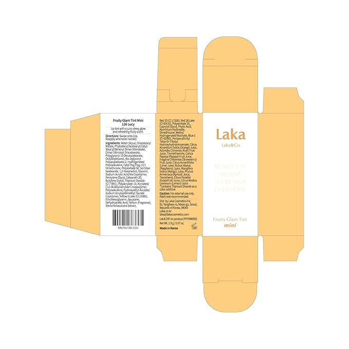 Laka Fruity Glam Lip Tint Mini, Glowing Lip Stain with Wide Color Spectrum, Hydrating & Lightweight Texture, Long-Lasting Bold Stain, Non-Sticky, Vegan, K-Beauty (#126 Lucy)