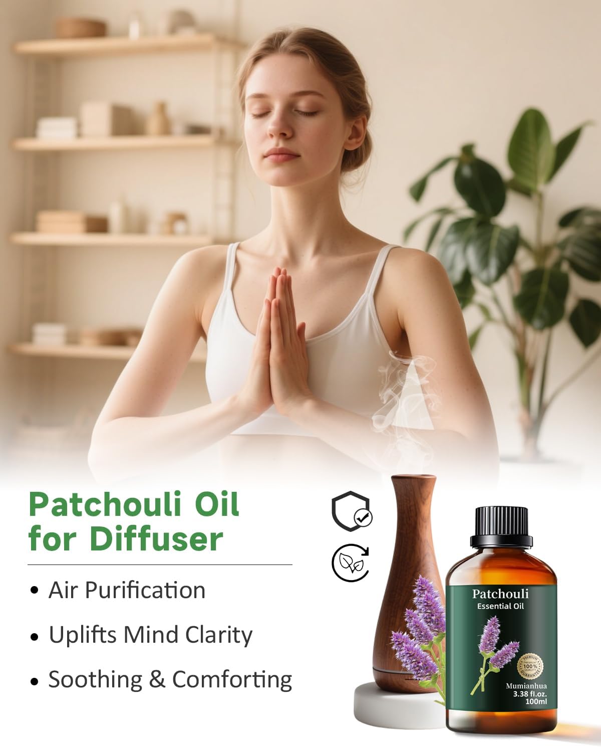 Mumianhua 100% Pure Patchouli Essential Oil Therapeutic Grade Natural Patchouli Oil for Diffuser, Perfume, Skin,Hair, Soap Making, DIY, Spraying 3.38 Fl Oz