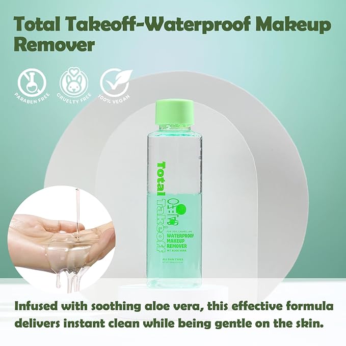 Total Takeoff Waterproof Makeup Remover – Dual-Phase Oil & Water Formula, Removes Eye & Lip Makeup, Gentle for Sensitive Skin, Aloe & Argan Oil, No-Rinse, 3.4 fl oz/100ml