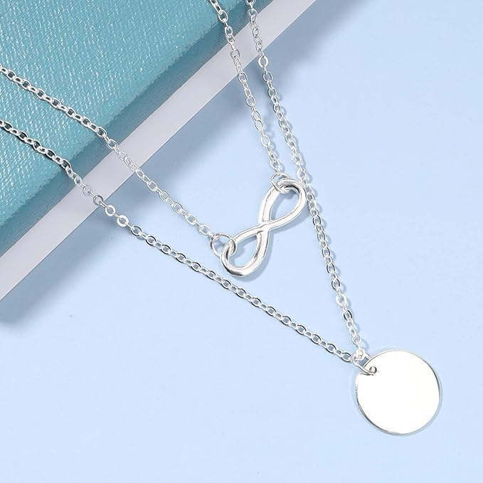 Boho Layered Infinity Coin Necklace Choker Silver Disc Pendant Necklace Forever Necklace Vintage Circle Choker Necklace Chain Jewelry for Women and Girls Gifts for Her