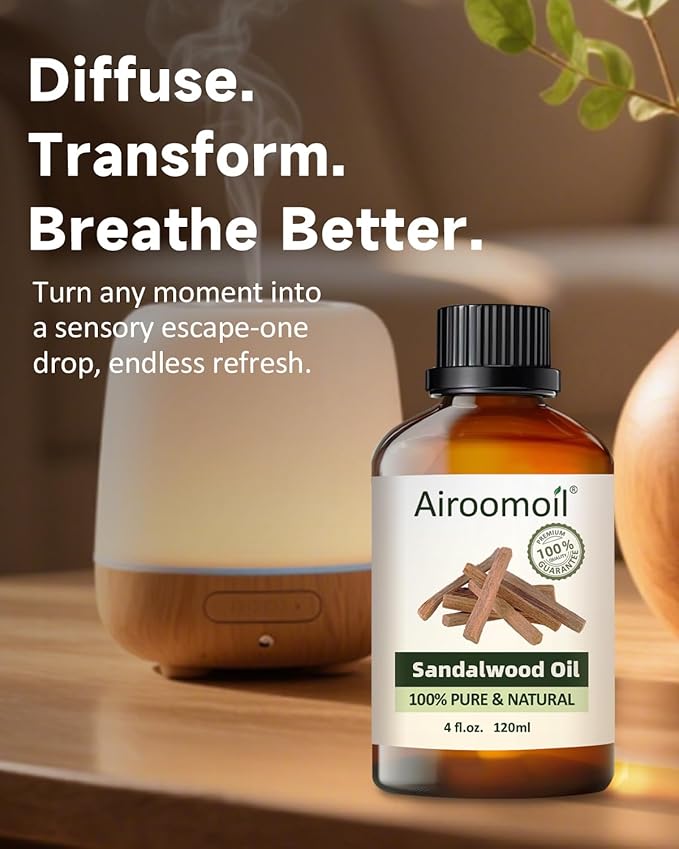 Pure Sandalwood Essential Oil, 100% Pure Natural Sandalwood Essential Oil, Premium Grade Essential Oils for Diffusers for Home, Skin, Care Massage, Soap Making, Aromatherapy, 4 Fl Oz | 120ml