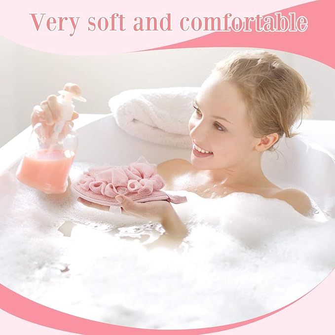 Boao Bath Shower Pouf Sponge Mesh Pouf Shower Ball Exfoliating Body Sponge Pad Scrubber Glove with Flower Bath Ball(3 Pcs,Beige,Dark Pink Purple)