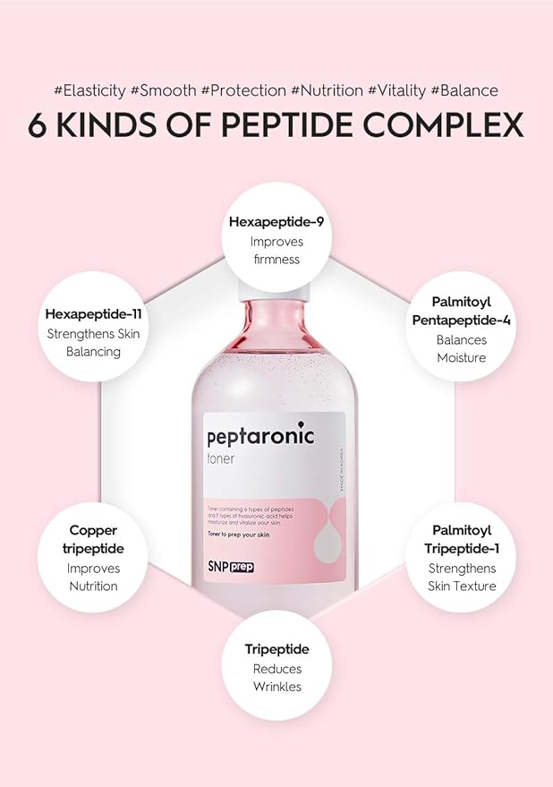 Snp 6 Peptides + 5 Hyaluronic Acid Facial Toner | Moisturizing, Soothing & Firming Korean Skincare for Dry & Sensitive Skin | Daily Face Toner | Peptaronic | 10.8 Fl Oz