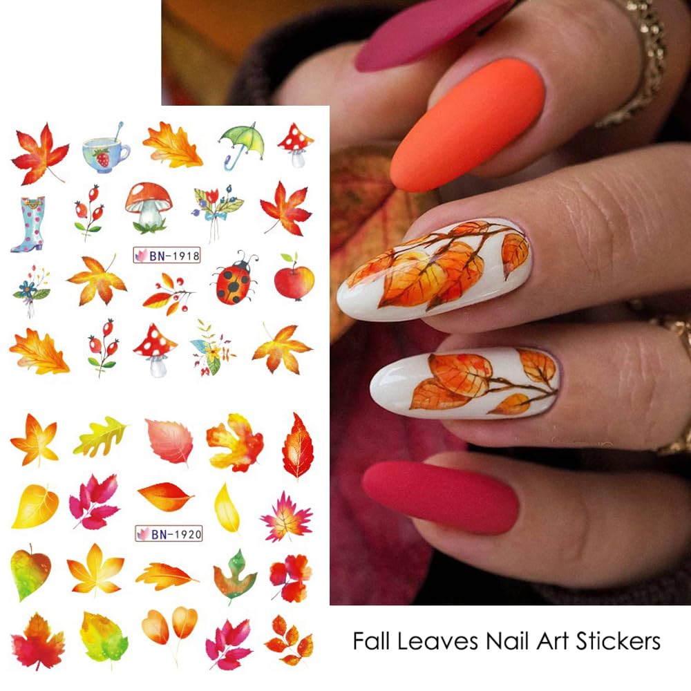 Fall Maple Leaf Nail Art Stickers Autumn Nail Art Water Decals Transfer Nail Supplies Maple Leaves Turkey Pumpkin Design Slider Sticker for Women Acrylic Nail Fall Thanksgiving Nail Decorations 12 PCS