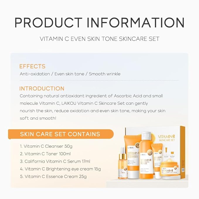 Vitamin C Skincare Set, Moisturizing Face Skin Care Kit with Facial Cleanser, Face Serum, Face Cream, Eye Cream, Toner For Hydrating Skin, Anti-Aging Skin