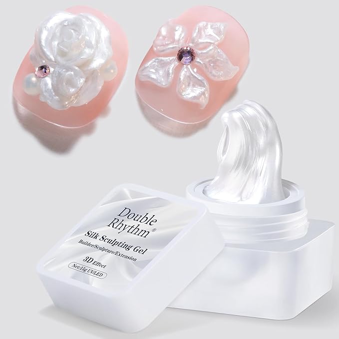 Double Rhythm 3D Nail Gel Pearl Solid Sculpting Gel for Nail Art Non-Sticky Hard Gel for Building Carving Molding Nail Extension Soak Off UV/LED Nail Art Salon Home DIY 0.5 Oz (Silver-Silk 01)