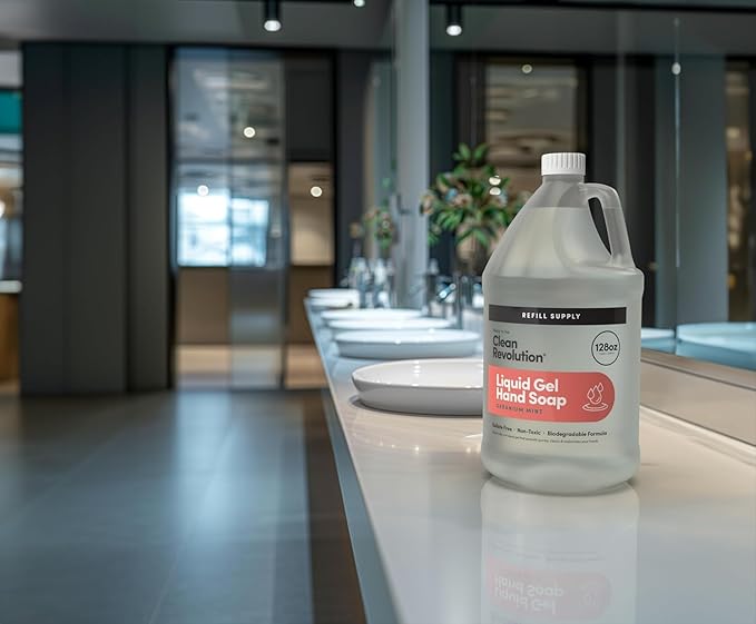 Clean Revolution Liquid Gel Hand Soap, Silky Rich Liquid, Quick Lather, Fast Rinsing, (Geramium Mint) 128 Fl Oz, 4 Pack - Made in USA