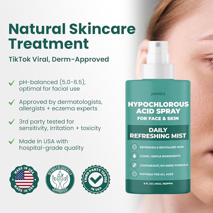 Hypochlorous Acid Spray for face (8 oz) - Face Spray for Acne, Hypochlorous Travel Size Gentle Facial & Skin Cleansing for Body, Back, Skin and Facial Cleaning & Repair - Made in USA