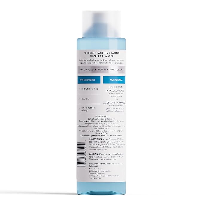 Eucerin Face Gentle Cleansing Hydrating Micellar Water with Hyaluronic Acid, Face Cleanser and Makeup Remover, Fragrance Free and Non-Drying for All Skin Types, 13.5 Fl Oz Bottle