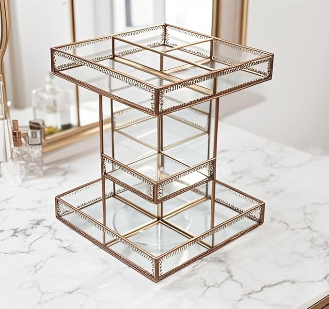 Vintage Glow Antique 360 Degree Rotating Makeup Organizer,4-Tier Spinning Perfume Tray,Countertop Cosmetic Storage,Glass Beauty Display,Retro Large Capacity Vanity Organizer for Brushes Skincare