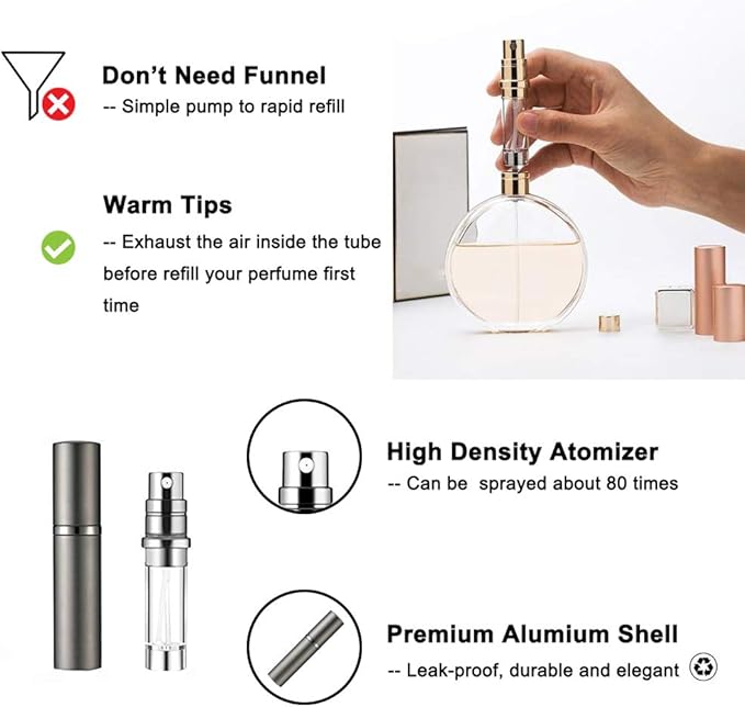 YEEJOK Travel Essentials for Women & Men - Refillable Perfume Bottles, Mini Portable Atomizer Spray Containers, 5ml Bottles for Flying, Purse & Travel Essentials