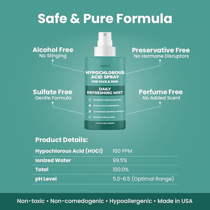 Hypochlorous Acid Spray for face (8 oz) - Face Spray for Acne, Hypochlorous Travel Size Gentle Facial & Skin Cleansing for Body, Back, Skin and Facial Cleaning & Repair - Made in USA