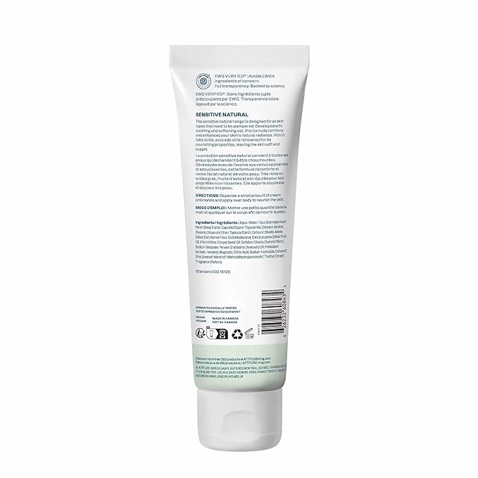 ATTITUDE Body Cream for Sensitive Skin with Oat, EWG Verified, Dermatologically Tested, Vegan, Avocado Oil, 8 Fl Oz