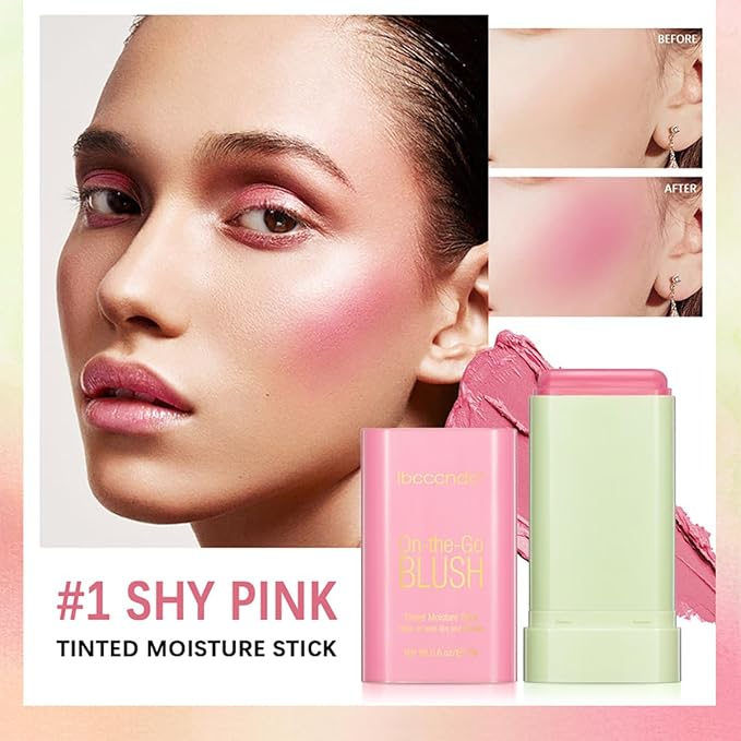 Multi-Use Makeup Blush Stick, Tinted Solid Moisturizer On-the-Go Blush, Multi-use Cream Blush Stick for Cheek & Eyes & Lips, Waterproof Natural Nude Makeup for All Skin (1# Shy Pink)