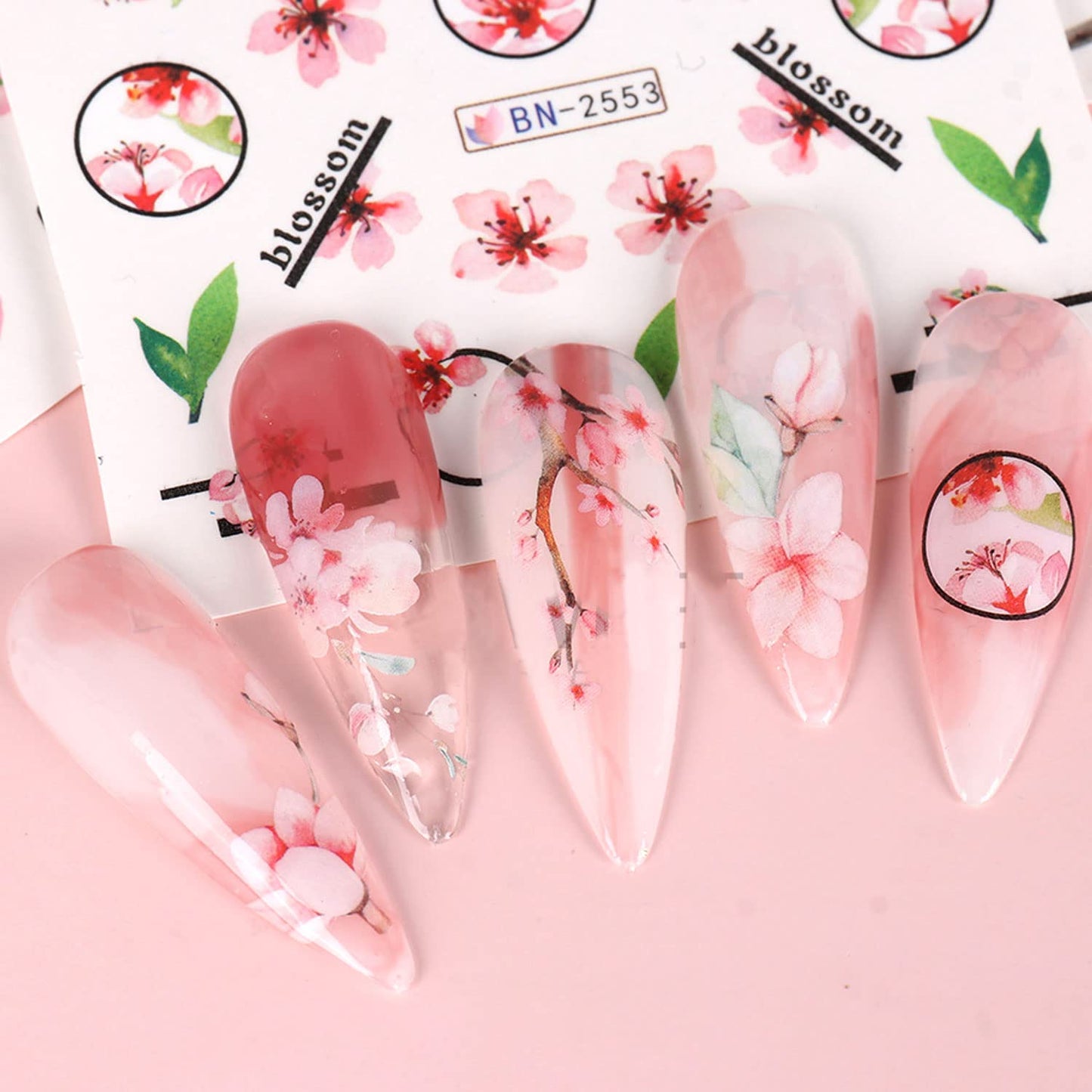 Sakura Water Transfer Nail Stickers - Cherry Blossom & Leaf Designs for Women & Girls - Pink Flower Nail Art Decoration Supplies