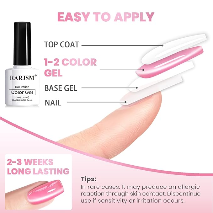 RARJSM Nude Jelly Glass Cat Eye Gel Nail Polish Set 6Pcs Champagne Gold Rose Blush Metal Pink Red Smoothie Ceramics Cateye Silver Glitter Gelpolish with Magnetic Stick UV LED Curing Require Home Salon