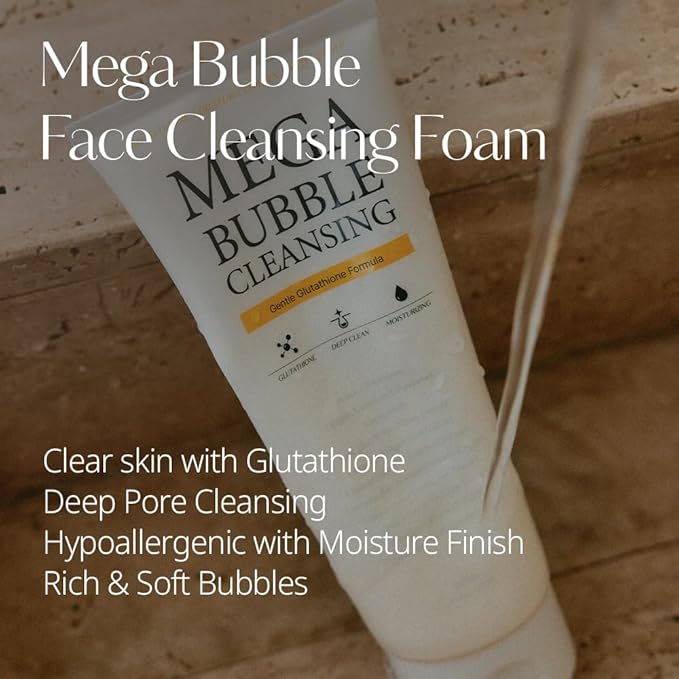 hetras. Mega Bubble Cleansing Foam 7.4 oz. 2 Pack – Deep Pore Facial Cleanser with Glutathione & Vitamn C,E - Gentle Hypoallergenic Moisturizing Wash for Sensitive Skin - Korean Skincare