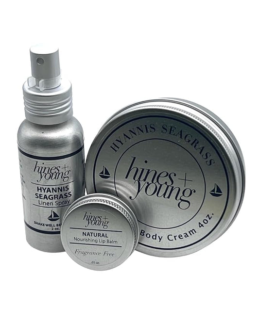 Hines+Young Travel Tins Gift Set - 4 oz Body Cream, 2 oz Linen Spray, Natural Lip Balm - Skin Care and Refreshing Home Fragrance, Ideal Self-Care Gift Set (Pack of 3, Hyannis Seagrass)
